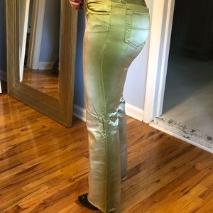 Gianfranco Ferre gunmetal green/gold lightweight shimmer jeans.